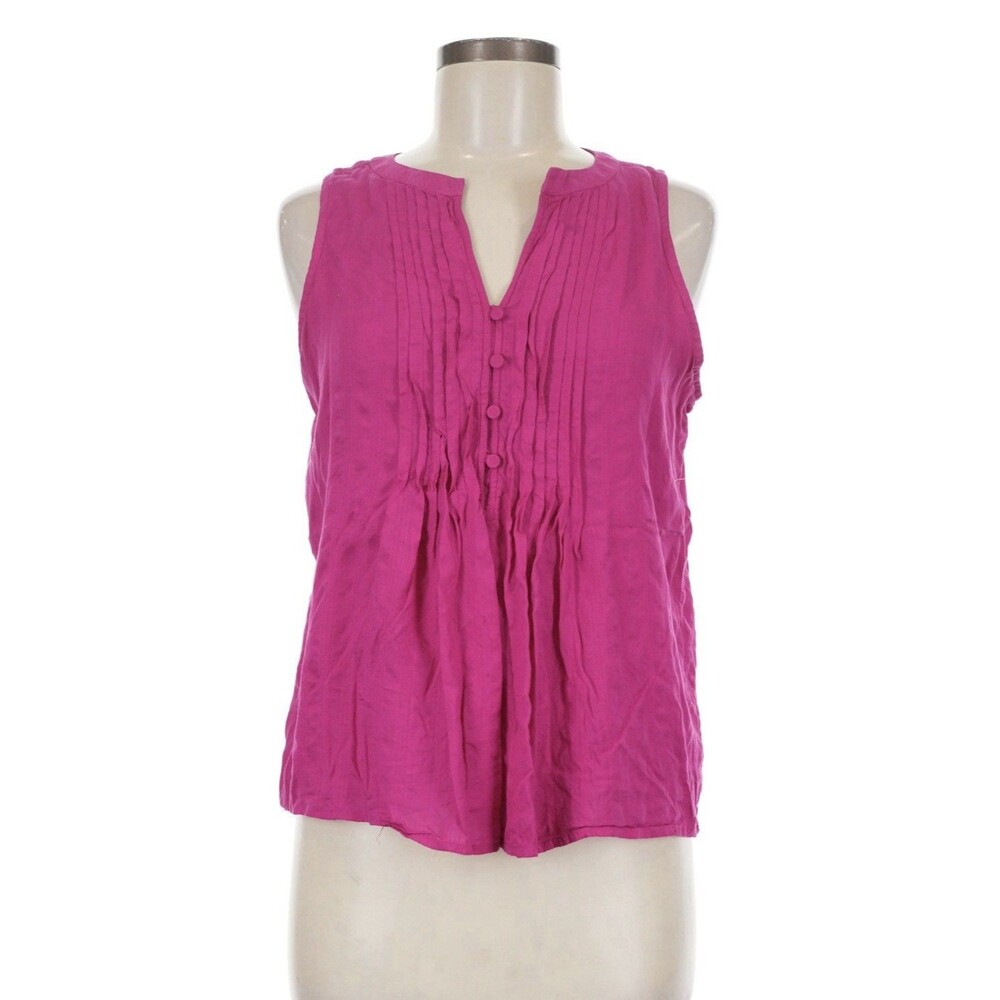 Loft Women’s Pink Y2K Pintucked Button Split Neck shell Large Blouse Sleeveless